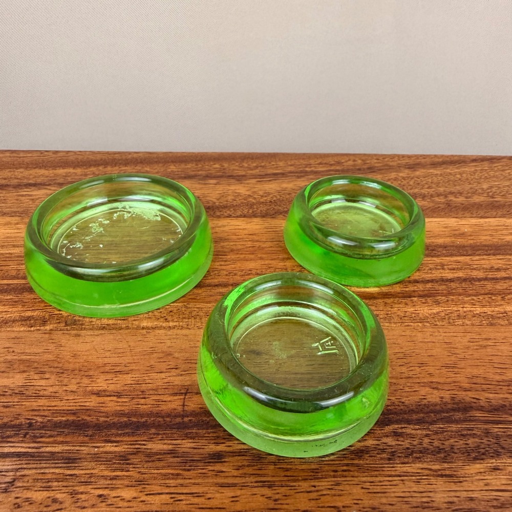 Vintage Hazel-Atlas Uranium Glass Furniture Coasters Green UV Glow Set of 3